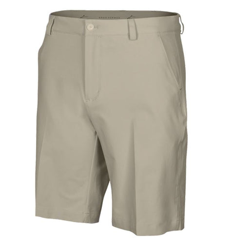 Greg Norman Men's ML75 Microlux Stretch Shorts in Bamboo—beige knee-length golf shorts with belt loops, side pockets, and a button waist closure, made from lightweight stretch fabric for all-day comfort. Brand: Greg Norman. Displayed on a white background.