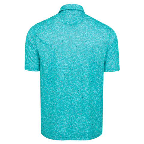 The Greg Norman Men’s ML75 Shark Frenzy Print Polo in Aquamarine is shown from the back, with a subtle white speckled pattern and moisture-wicking technology for comfort.