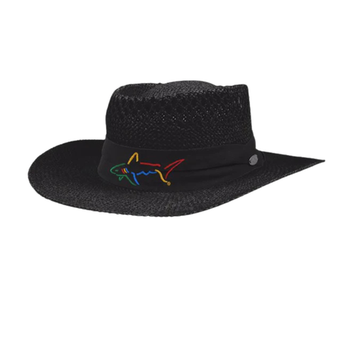 The Greg Norman Signature Straw Hat in black features a colorful embroidered shark outline on the hatband and offers UV protection. This wide brim golf hat by Greg Norman is shown against a white background.