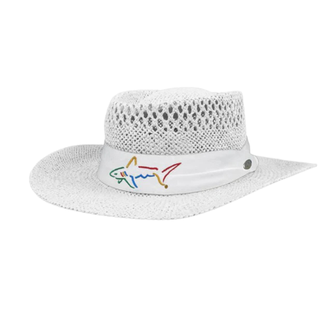 The Greg Norman Signature Straw Hat in white features a wide brim, mesh crown, and a band with a colorful embroidered shark logo—ideal for summer golf.