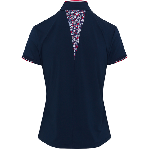 Greg Norman Women’s ML75 Liberty Sculpted Collar Polo in navy, shown from the back, features a floral triangle insert down the upper back and red, white, and blue striped sleeve trim—a stylish, high-performance polo for on or off the course.