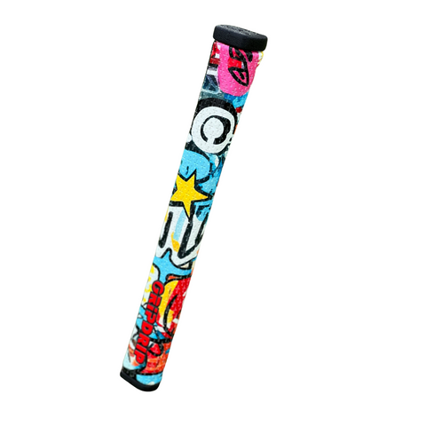 The GripDrip Graffiti Putter Grip by GripDrip features a cylindrical handle with bold patterns, stars, and vibrant colors on a white background—perfect for adding street style to your golf game.