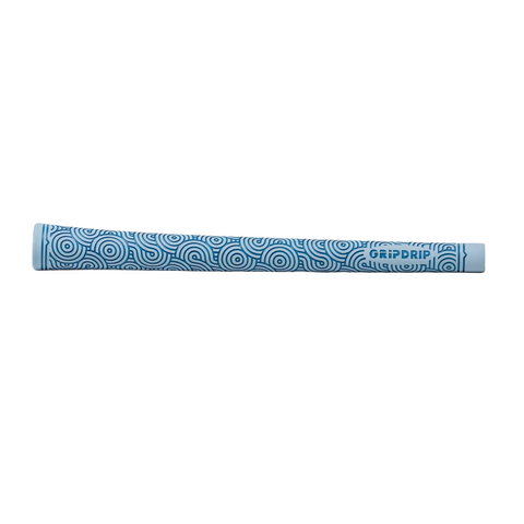 The GripDrip Zen Swing Grip | Sky is a light blue golf grip with dark blue swirl patterns and GRIPDRIP printed near the end. It’s soft, tacky, and shown horizontally on a white background. Brand: GripDrip.
