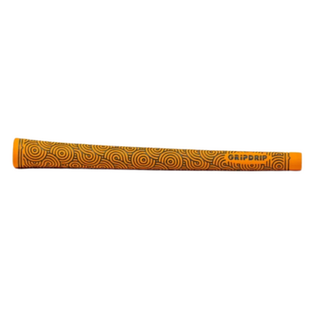 The GripDrip Zen Swing Standard Grip in Tangerine by GripDrip features a tacky texture, circular swirl patterns, and GRIPDRIP printed near the end for a vibrant, secure golf grip.