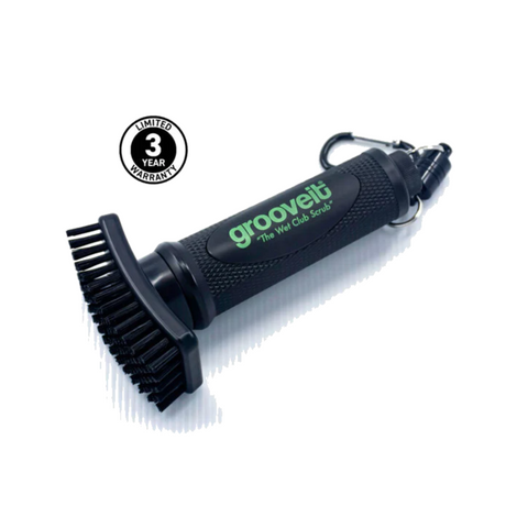 The Grooveit Wet Club Scrub Brush by Grooveit features a black durable handle, thick bristles, green logo, built-in carabiner, and a 3 Year Limited Warranty badge—an essential cleaning brush for every golfer.