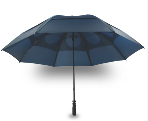 The Gustbuster Umbrella by Gustbuster is fully opened in navy blue with a black handle, displayed against a white background. It features patented wind-release technology and casts a subtle shadow below.