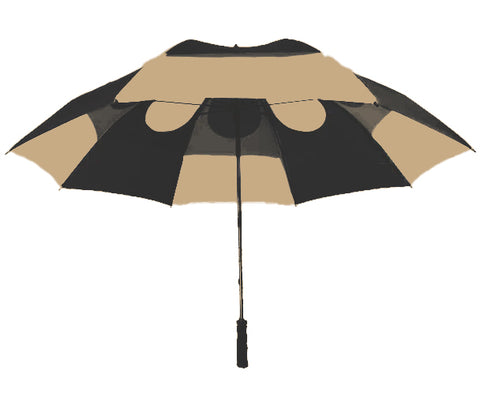 A black and beige striped Gustbuster Umbrella by Gustbuster is open and seen from above, featuring a straight black handle and patented wind-release technology for superior windproof performance.