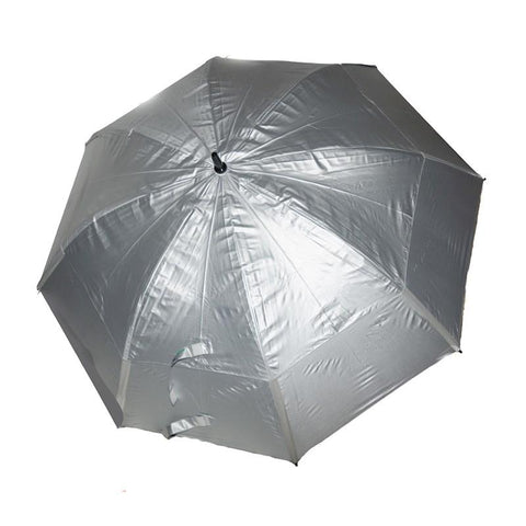 A fully opened Gustbuster Umbrella by Gustbuster is shown from above, featuring a shiny metallic canopy and radiating spokes with patented wind-release technology.