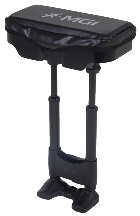 The MGI AI Seat by MGI is a black, padded, portable golf buggy seat featuring MGI on top, two adjustable metal legs, and a wide flat base for stability. Ideal as a golf storage accessory or seating on the course.
