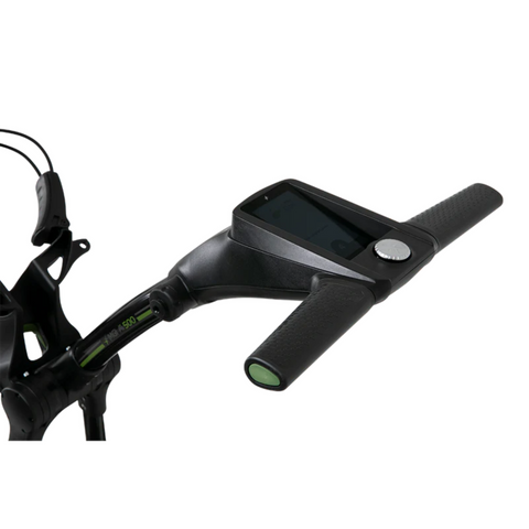Close-up of the MGI Ai 500 Electric Golf Trundler’s handlebar by MGI, featuring a digital display, control buttons, brake cables, and black grips with green accents—showcasing advanced electric convenience.