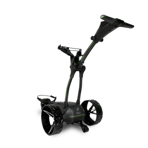 The MGI Ai 500 Electric Golf Trundler by MGI features large rugged wheels, a sturdy adjustable handle, and a sleek black design with visible branding on the base for a premium look.