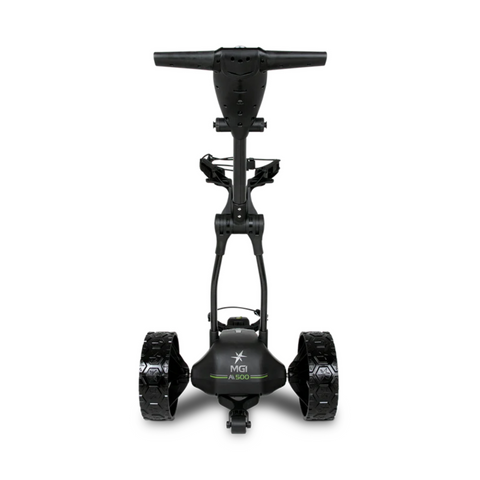 Front view of the MGI Ai 500 Electric Golf Trundler by MGI, featuring large textured wheels, a robust frame, top handle, and the model name displayed near the base.