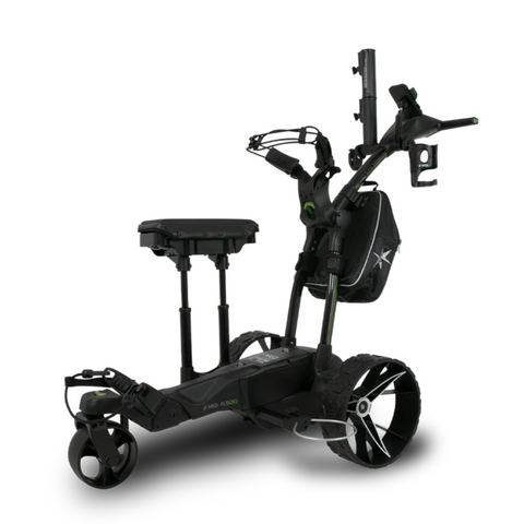 The MGI Ai 500 Electric Golf Trundler by MGI is a black, three-wheeled trundler with a seat, handlebar controls, and storage bag, shown on a white background.
