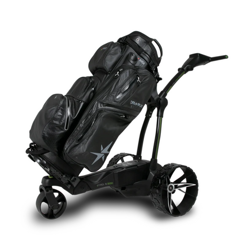 The MGI Ai 500 Electric Golf Trundler by MGI features a sleek black design, three wheels, a large golf bag with multiple pockets and a star logo, and a sturdy frame—ideal for stylish golfers seeking modern functionality.