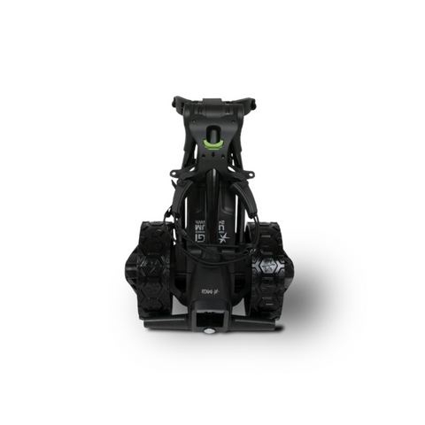 The MGI Ai 500 Electric Golf Trundler by MGI is shown from the front in black with thick treaded wheels and a green-accented handle, set against a white background.