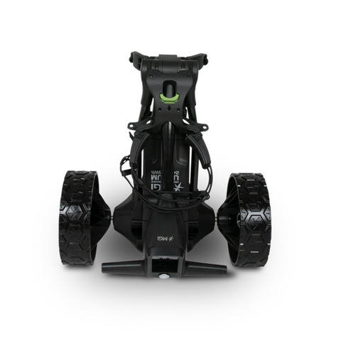 Front view of the MGI Ai 500 Electric Golf Trundler by MGI, featuring rugged tires and a folded frame, shown against a plain white background.