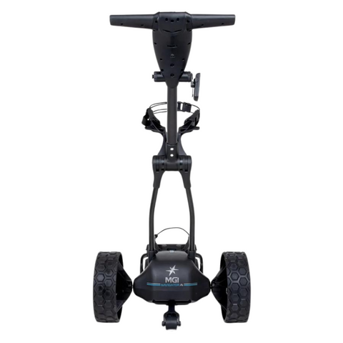 Front view of the MGI Ai Navigator GPS+ Electric Golf Trundler (with free accessory pack) shows two large textured wheels, a T-shaped handle, digital control panel, and visible MGI branding near the base.