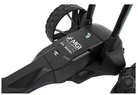 Close-up of the base of the MGI Ai Navigator GPS+ Electric Golf Trundler (with free accessory pack) by MGI, featuring two textured wheels and a black control panel with a “MODE 1-2” switch.