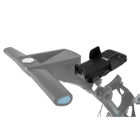 A close-up of a bicycle handlebar with a textured grip features the MGI Ai Phone Holder by MGI attached to the right side, angled to securely hold your smartphone during your ride.