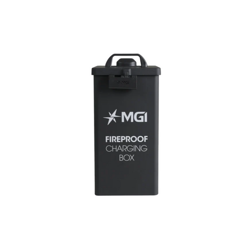 The MGI Fire Proof Charging Box by MGI is a black, rectangular box with a top handle and latch, labeled “MGI Fire Proof Charging Box” in white. Perfect for safe lithium battery storage for electric golf buggies. Shown on a plain white background.