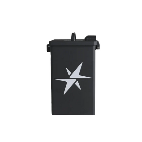 The MGI Fire Proof Charging Box by MGI is a black, rectangular safety box with a white star logo, hinged lid, and top-right latch, shown on a plain white background. Perfect for secure lithium battery storage.