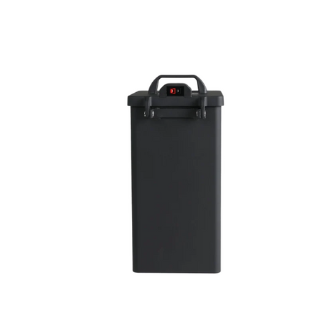 The MGI Fire Proof Charging Box by MGI is a tall, rectangular black bin with a closed lid and handle, perfect for safely storing lithium batteries. Shown against a plain white background.