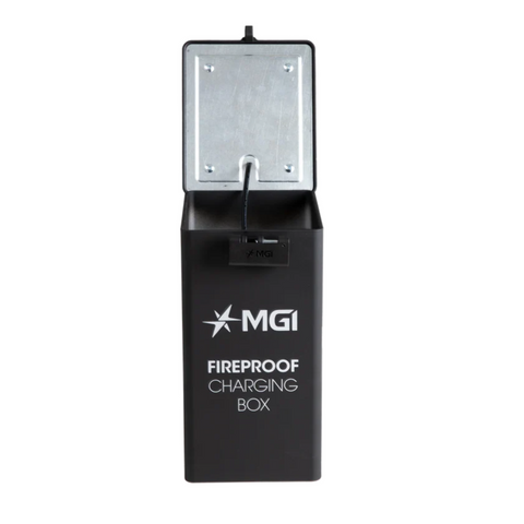 The MGI Fire Proof Charging Box by MGI is a black, rectangular, fireproof box with an open lid and cable slot—ideal for safe lithium battery storage for your electric golf buggy.