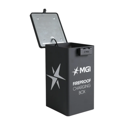 The MGI Fire Proof Charging Box is a black, rectangular case with an open lid, showing the MGI logo and FIREPROOF CHARGING BOX on the front. Ideal for lithium battery storage and charging for your electric golf buggy.