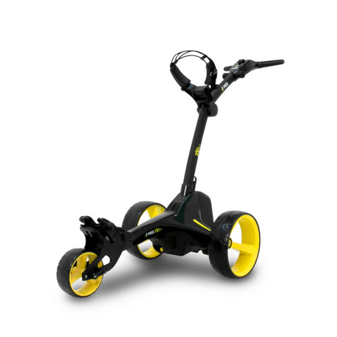 The MGI ZIP X1 Motorised Trundler features large yellow-rimmed wheels, a handlebar, and a golf bag holder. It comes in black with a 36-hole lithium battery, shown against a plain white background.