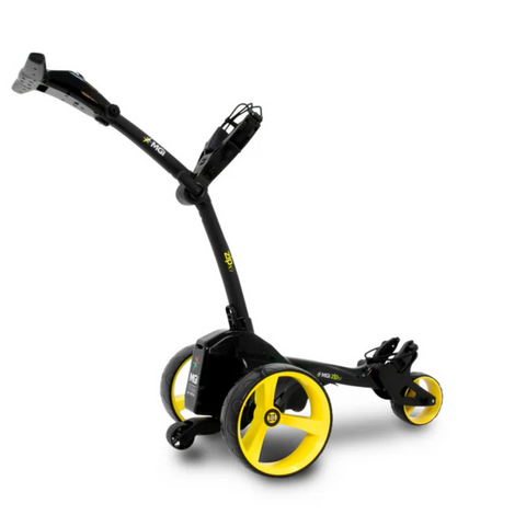 The MGI ZIP X1 Motorised Trundler in black with yellow rims features an adjustable handle and 36-hole lithium battery, shown on a white background. Includes free accessory pack.