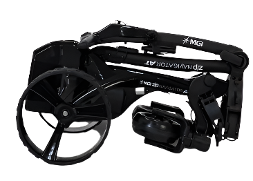 A black MGI Zip Navigator All Terrain Electric Golf Trundler, compactly folded with two large wheels for easy storage or transport, includes a free accessory pack.