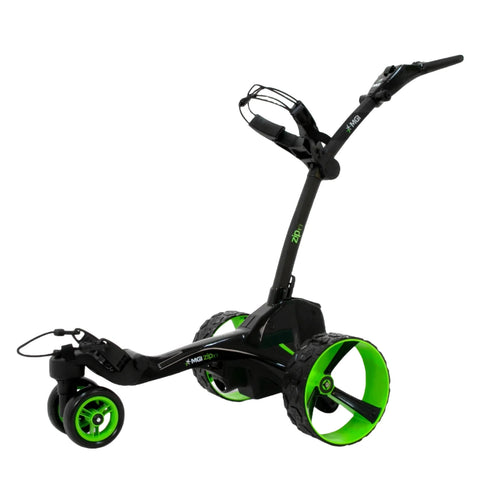The MGI Zip X5 Motorised Trundler by MGI features three wheels, a handle, 18-hole lithium battery, and golf bag holder in black and green, displayed against a white background.
