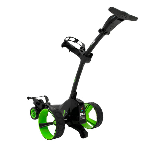 The MGI Zip X5 Motorised Trundler by MGI features large green-rimmed wheels, a black frame, adjustable handle, 18-hole lithium battery, and a golf accessory holder, shown front-facing on a white background.