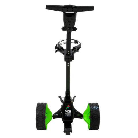 Front view of the MGI Zip X5 Motorised Trundler / 18 Hole Battery in black and green, featuring large textured rear wheels, a handlebar with cup holder below it, and visible MGI branding on the frame.