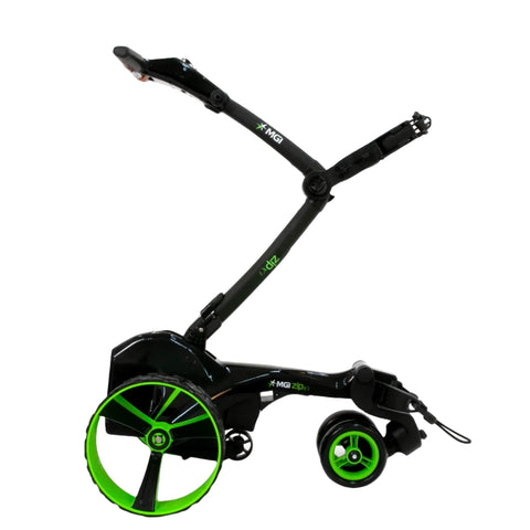 The MGI Zip X5 Motorised Trundler features a black and green frame, ergonomic handle, adjustable design, two large wheels, one small front wheel, and an 18-hole lithium battery—shown here in a side view.