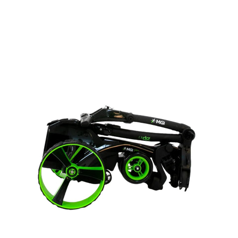 The MGI Zip X5 Motorised Trundler in black and green is shown folded compactly with large wheels, highlighting its portable design against a white background. Suitable for 18 holes, it features the trusted quality of MGI.