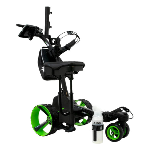 The MGI Zip X5 Motorised Trundler / 18 Hole Battery by MGI is shown in black and green with a seat attachment, cup holder, and a white water bottle near the front wheels, isolated on a white background.