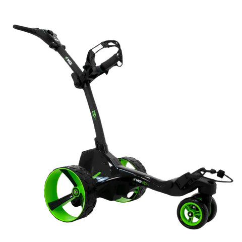 The MGI Zip X5 Motorised Trundler with 18-hole battery by MGI in Matte Black/Gloss Black features three large wheels and a handlebar, shown on a white background.