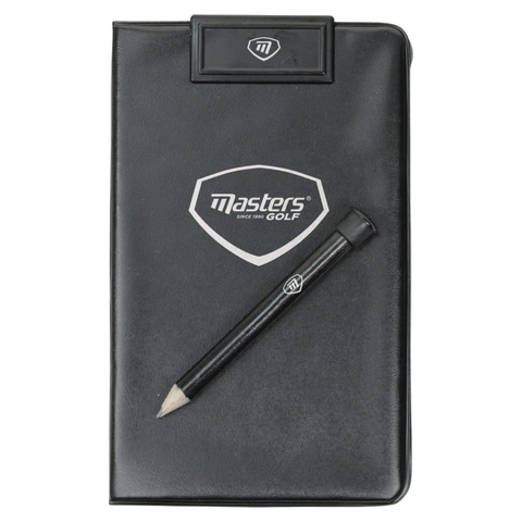 The Masters Deluxe Score Card Holder by Masters is a durable black golf accessory with a white logo and includes a short black pencil placed diagonally across the front.