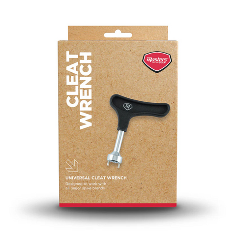 The Masters Deluxe Spike Wrench by Masters, shown in black packaging labeled Cleat Wrench on brown cardboard, is a dependable tool for removing golf shoe spikes.