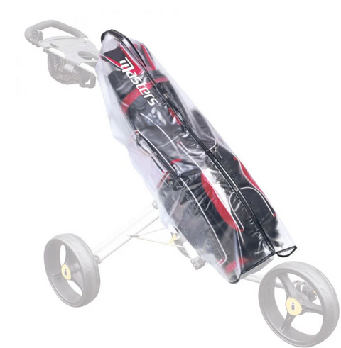 Masters clear rain cover on golf bag which is riding on a trundler