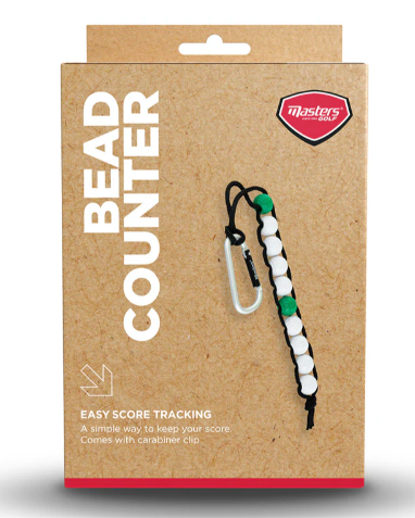 The Masters Golf Bead Stroke Counter by Masters features a black and white golf score counter with carabiner clip, easy score tracking, and the Masters Golf logo on its handy brown packaging.