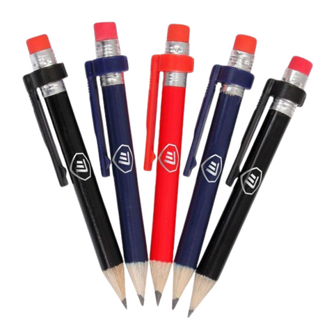 The Masters Wood Pencil and Eraser Pack includes five mechanical pencils with red erasers and clips, in black, dark blue, and red, each bearing a white Masters logo—perfect for golf scorekeeping and inspired by the classic look.
