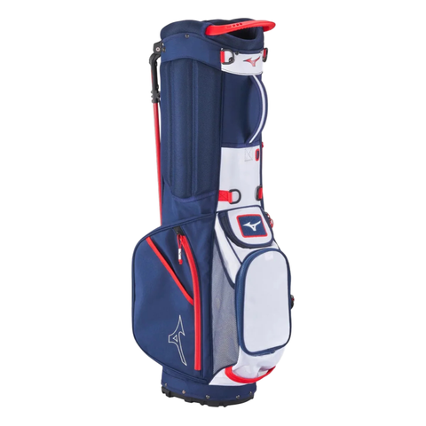 The Mizuno 2024 BR-D3 Stand Bag, in blue, white, and red, stands upright with multiple zippered pockets, a top handle, and the Mizuno logo—a lightweight golf bag ideal for carrying on the course.