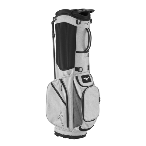 The Mizuno 2024 BR-D3 Stand Bag features a light gray and black design, multiple pockets, padded strap, and prominent Mizuno logos—lightweight and ideal for carrying your golf essentials.