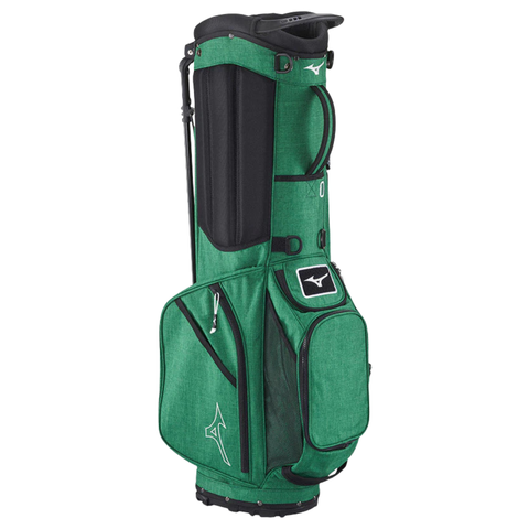 The Mizuno 2024 BR-D3 Stand Bag is a green, lightweight golf bag with multiple zippered pockets, a carrying handle, and black-and-white Mizuno logo accents—ideal for easy transport on the course.