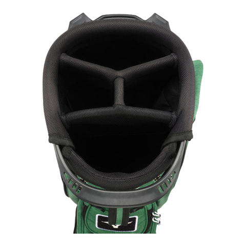 Top view of the Mizuno 2024 BR-D3 Stand Bag, a lightweight golf bag from Mizuno with four black padded dividers for organized club storage.
