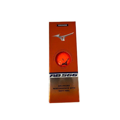 An orange Mizuno 2024 RB 566 Golf Balls box with a circular cutout reveals an orange ball inside. The box features the Mizuno logo and promotes high launch, balanced performance, and a soft feel.
