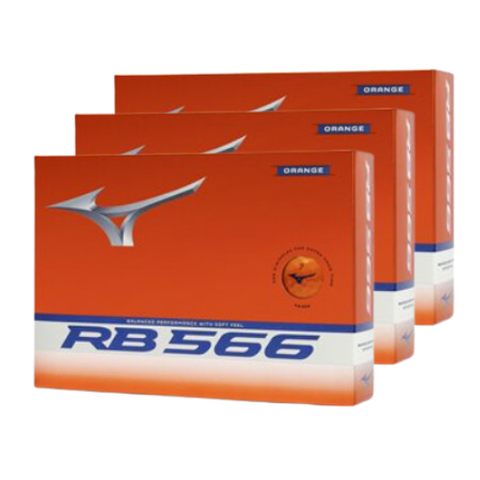 Three orange and white Mizuno 2024 RB 566 Golf Balls | Orange boxes are stacked, showing front and side branding with the Mizuno logo and blue “ORANGE” text, highlighting these high launch golf balls.