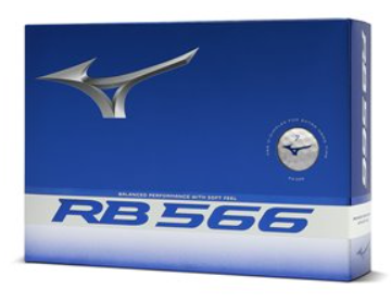 A white box of Mizuno 2024 RB 566 Golf Balls features the Mizuno logo and RB 566 in bold letters, highlighting balanced performance, soft feel, and longer flight. Brand: Mizuno.